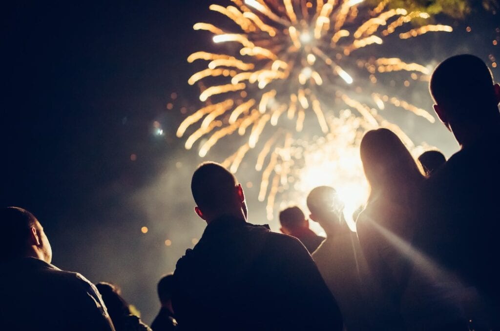 Crowd watching fireworks and celebrating new year eve